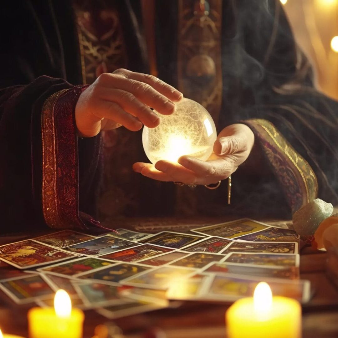 Crystal Ball Gazing A Magical Night of Tarot and Tea Light Generative AI