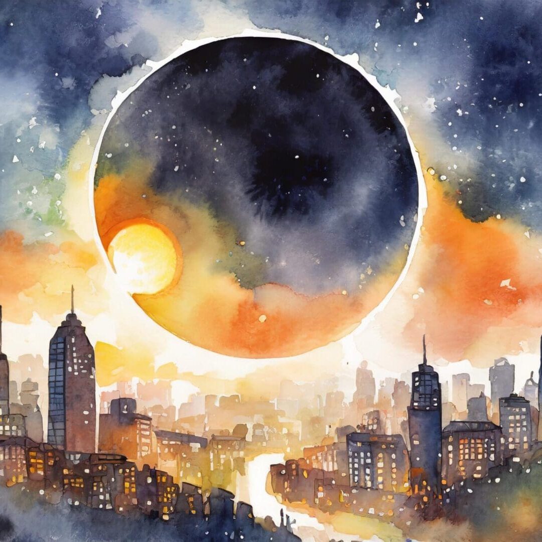 Firefly celestial whimsical solar eclipse over the city watercolor design that is not too busy with